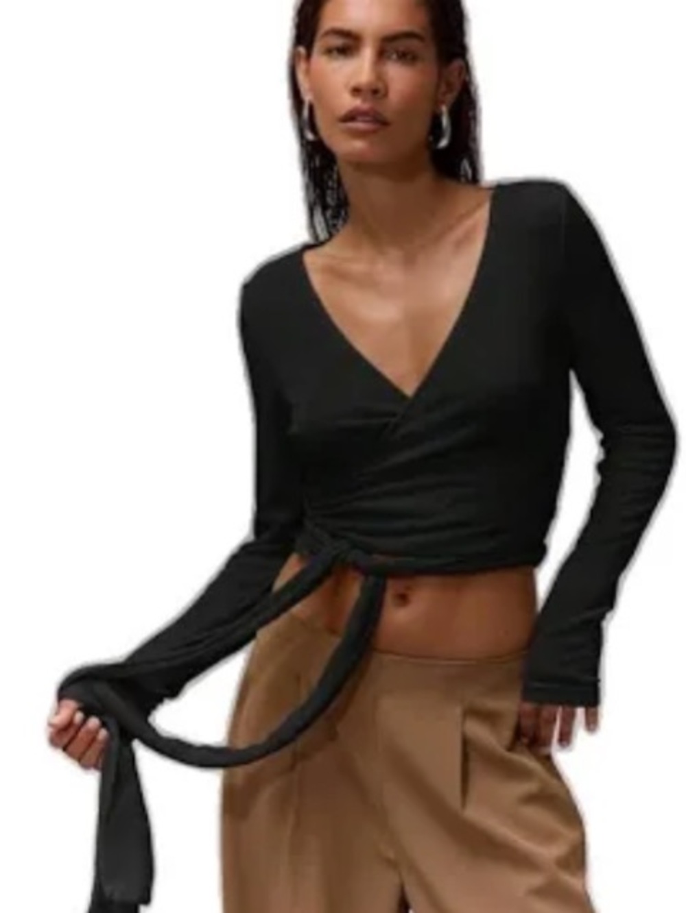 AMAZON Black Tie Front Long Sleeve Crop Top M NWOT